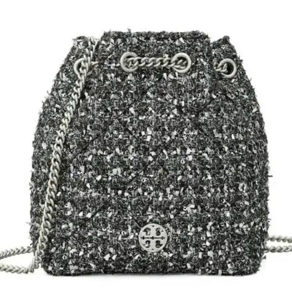 Tory Burch Will Metallic Tweed Small Drawstring Cross body Black chain bag - Picture 1 of 6